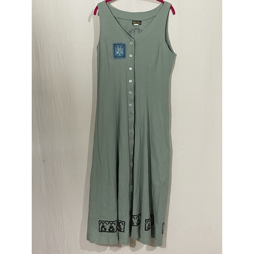 Peruvian Cotton Hand Dyed & Painted Maxi Dress Women’s M Sage Green Oversized